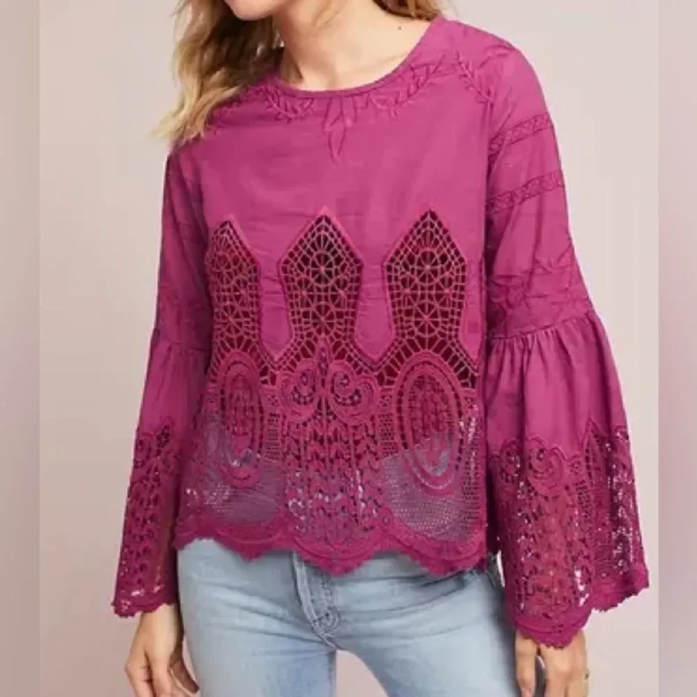 Anthropologie Chloe Oliver Lace Top Embroidered Bell Sleeve Blouse Sz Lg Shirt